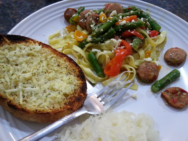 Clean Eating Dinner - daily cooler. Chicken sausage, veggies, fettucinni